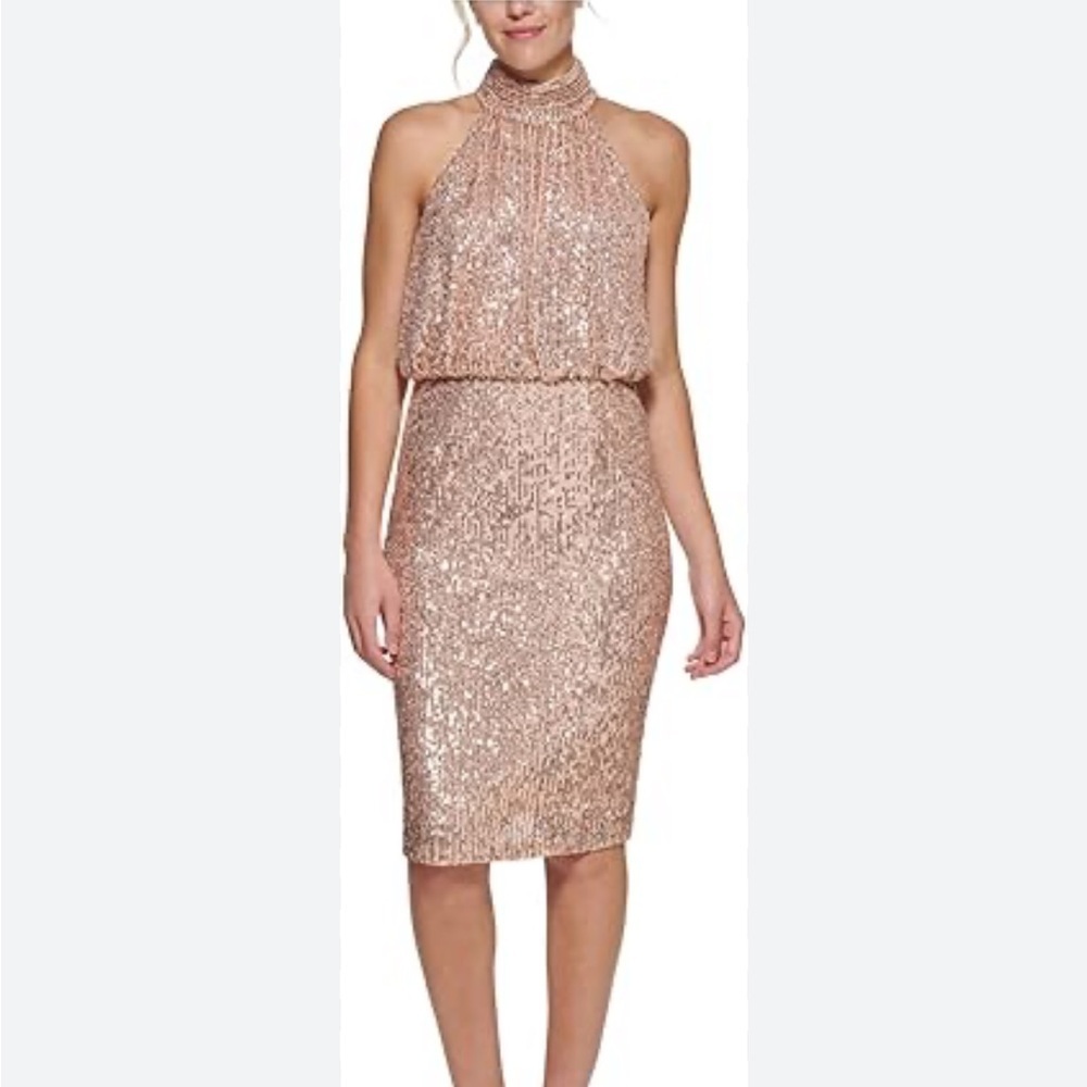 Elegant Rose Gold Sequined Mock Neck Sleeveless Dress- Size 6